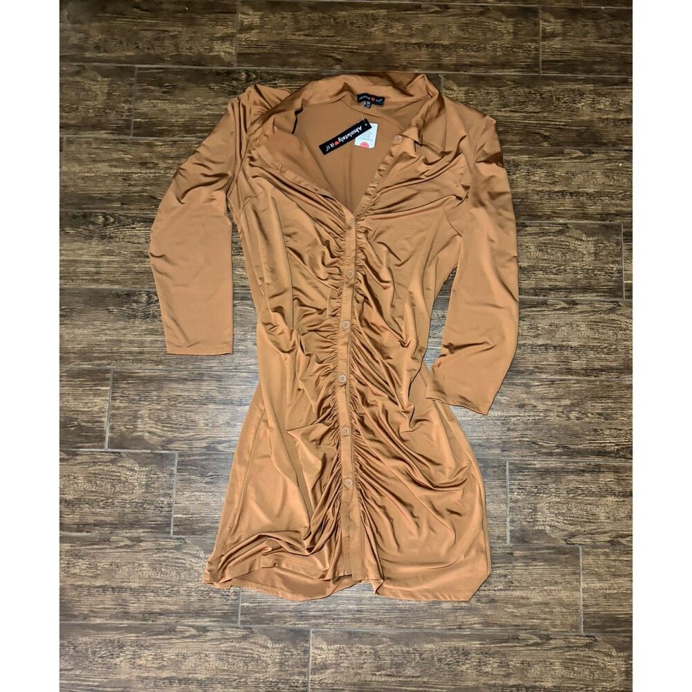 Absolutely Love It Camel Ruched Button-Up Collared Dress - 2X